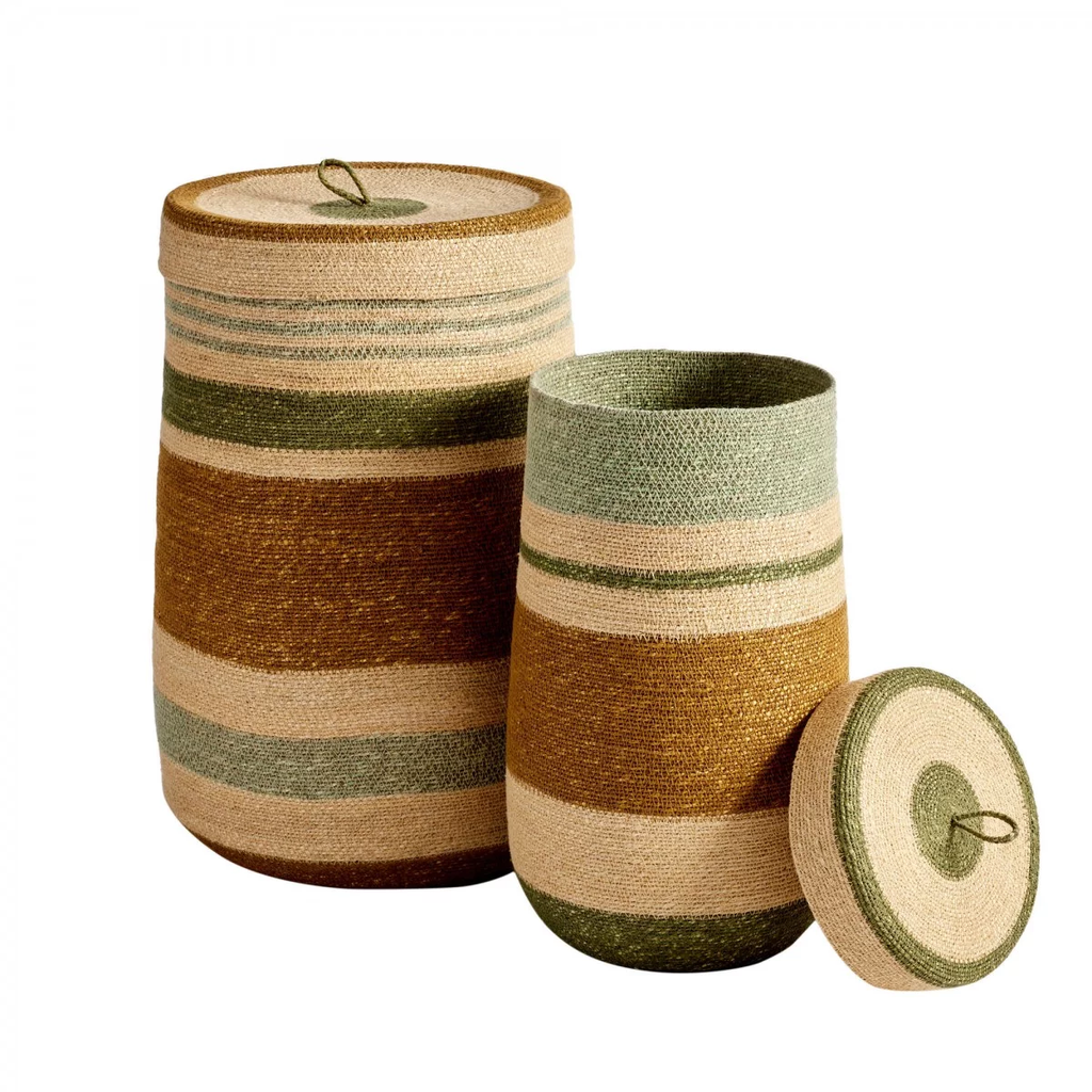 Panier couvercle tissé noisette vert M