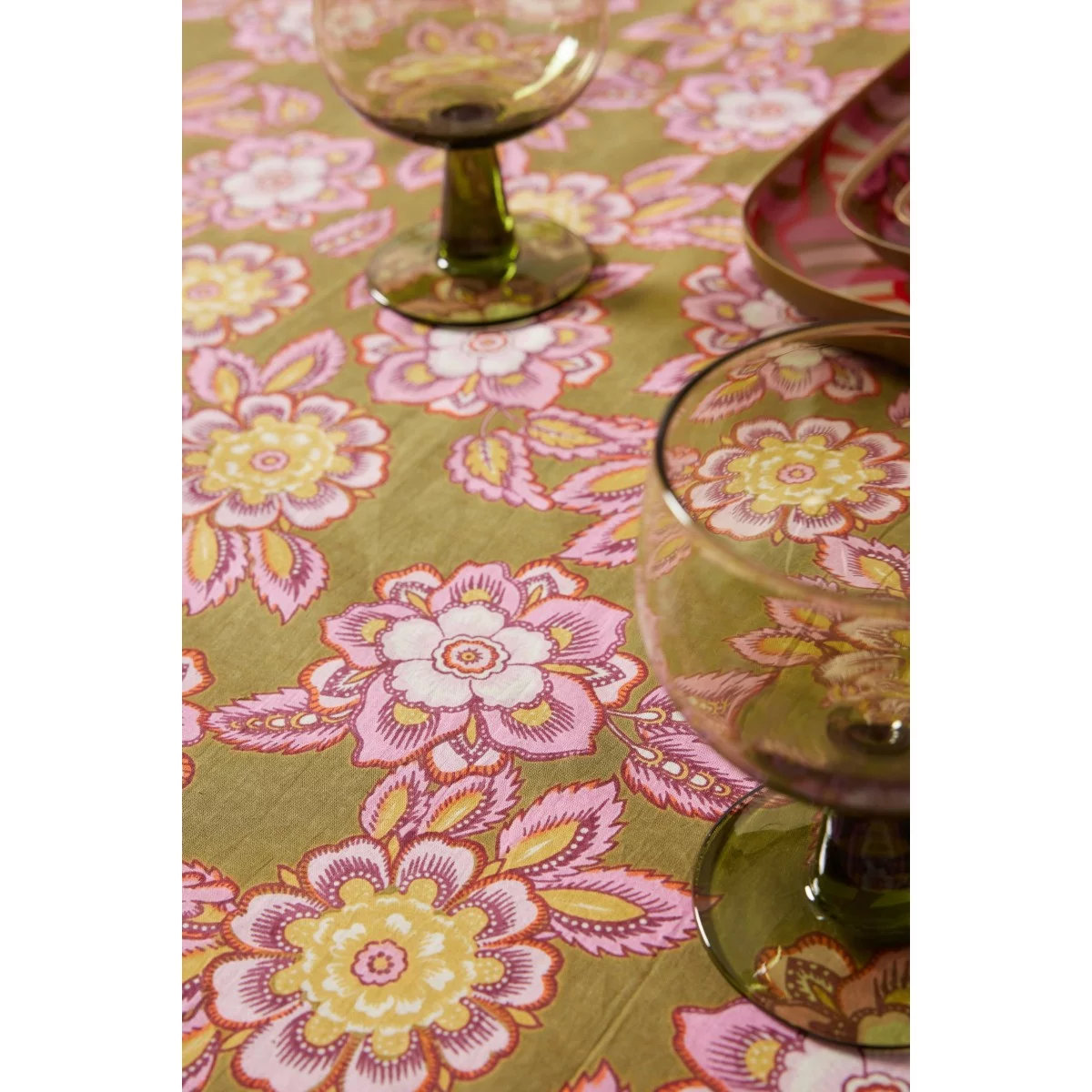Nappe à fleurs kaki rose